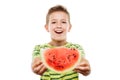 Handsome smiling child boy holding red watermelon fruit slice Royalty Free Stock Photo