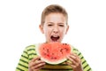 Handsome smiling child boy holding red watermelon fruit slice Royalty Free Stock Photo