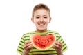 Handsome smiling child boy holding red watermelon fruit slice Royalty Free Stock Photo