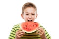 Handsome smiling child boy holding red watermelon fruit slice Royalty Free Stock Photo