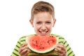 Handsome smiling child boy holding red watermelon fruit slice Royalty Free Stock Photo