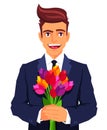 Handsome smiling man with a bouquet