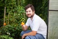 Handsome smiling man in the greenhouse with tomato plants Royalty Free Stock Photo