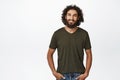 Handsome smiling middle eastern guy with long beard and curly hair, standing in casual clothes against white background Royalty Free Stock Photo