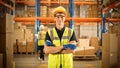 Handsome Smiling Worker Wearing Hard Hat, Standing with Crossed Arms in the Retail Warehouse full Royalty Free Stock Photo