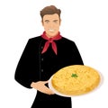 Handsome Spanish chef holding a plate of typical Spanish potato omelette