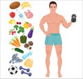 Handsome sport Health man. Lifestyle infographic vector illustration with icons. Royalty Free Stock Photo