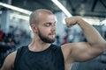 Handsome strong athletic man pumping up muscles workout bodybuilding concept background. Bodybuilder showing muscles, biceps and Royalty Free Stock Photo