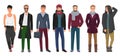 Handsome and stylish men set. Cartoon guys male characters in trendy fashion clothes. Vector illustration.