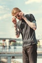 handsome stylish tattooed man wearing sunglasses Royalty Free Stock Photo