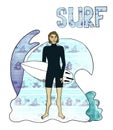 A handsome surfer with a shortboard and waves in the background with washi tape texture.