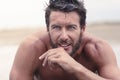Handsome Thoughtful Athletic Man with No Shirt Royalty Free Stock Photo