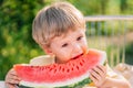 Handsome toddler boy eating fresh red watermelon. Yummy portrait of smiling child sits by the table in garden. Healthy Royalty Free Stock Photo