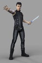 Handsome urban fantasy style hunter warrior man wearing a black leather outfit and holding a dagger Royalty Free Stock Photo