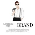Handsome vector hand drawn guy in stylish elegant clothes and glasses. Man Business look. Trendy sketch of street style