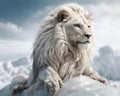 handsome white lion with opulent hair mane laying on ice in Arctic ocean. close up. Digital conceptual artwork. Ai generated