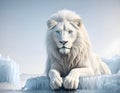 handsome white lion with opulent hair mane laying on ice in Arctic ocean. close up. Digital conceptual artwork. painting style.