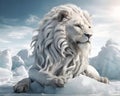 handsome whitelion with opulent hair mane laying on ice in Arctic ocean. close up. Digital conceptual artwork. Ai generated