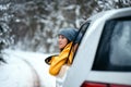 Hipster girl admire snowy road