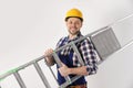 Handsome working man in hard hat holding ladder