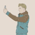 Handsome young adult man taking selfie. Hand drawing sketch style. Boy fashion self portrait photo with phone Royalty Free Stock Photo