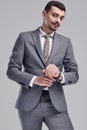 Handsome young arabic businessman with mustache in fashion gray suit Royalty Free Stock Photo