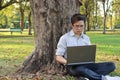 Handsome young business man leaning a tree and using laptop with his work at summer park. Royalty Free Stock Photo