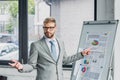 handsome young businessman in suit and eyeglasses pointing at whiteboard with charts Royalty Free Stock Photo