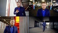 Handsome young businessman is walking on parking and street, collage of four videos