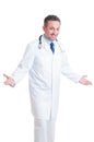 Handsome young doctor posing isolated on white Royalty Free Stock Photo