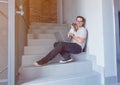 Handsome young freelancer man using laptop computer Royalty Free Stock Photo