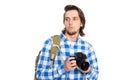 Handsome young man with a camera in summer suit Royalty Free Stock Photo