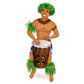 A handsome young man is a Hawaiian, dancer Hula with a drum in national clothes. Holidays in the Hawaiian Islands.