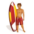 A handsome young man is holding a surfboard. Holidays in the Hawaiian Islands.