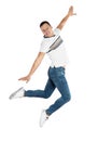 Handsome young man jumping on background Royalty Free Stock Photo