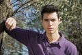 Handsome young man leaning against olive tree Royalty Free Stock Photo