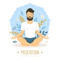 Handsome young man meditation in lotus position with floral elements and mandala. Royalty Free Stock Photo