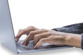 Handsome young man playing computer. Or printing financial and business information. On a white backdrop Royalty Free Stock Photo