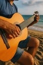 handsome young man playing guitar on the beach AI generated Royalty Free Stock Photo