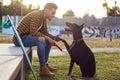 Handsome young man playing with his dog in the park. Royalty Free Stock Photo