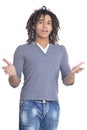 Handsome young man pointing against white background Royalty Free Stock Photo