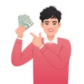 A handsome young man points to the dollar bills in his hand. A white man with money in his hand. A happy businessman. Vector Royalty Free Stock Photo