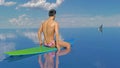 3D Render : A handsome young man is sitting on the surfboard floating in the blue sea in a sunny day with the shark is swimming be