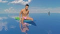 3D Render : A handsome young man is sitting on the surfboard floating in the blue sea in a sunny day with the shark is swimming be