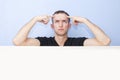 Handsome young man stress thinking. Advertising template Royalty Free Stock Photo