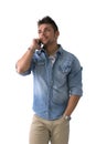 Handsome young man talking on cell phone (mobile), smiling Royalty Free Stock Photo