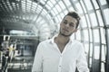 Handsome young man in train station or airport Royalty Free Stock Photo