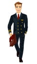 Handsome young man wearing airline pilot uniform walking with flight case on white background Royalty Free Stock Photo