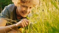 Handsome Young Naturalist Scientist Explores Plant Life and Insect Life with Magnifying Glass. Sma Royalty Free Stock Photo