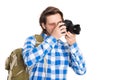 Handsome young photographer with camera in summer suit Royalty Free Stock Photo